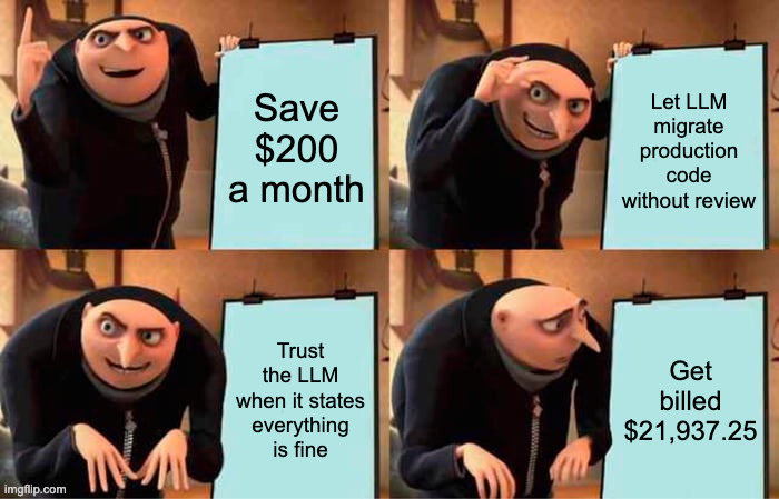 Gru’s plan meme with four panels reading “Save $200 a month”, “Let LLM migrate production code without review”, “Trust the LLM when it states everything is fine”, and “Get billed $21,937.25”