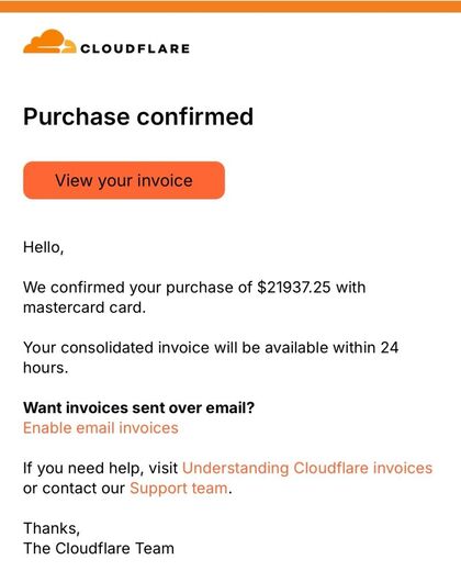 Screenshot of a Cloudflare email confirming a purchase of $21,937.25
