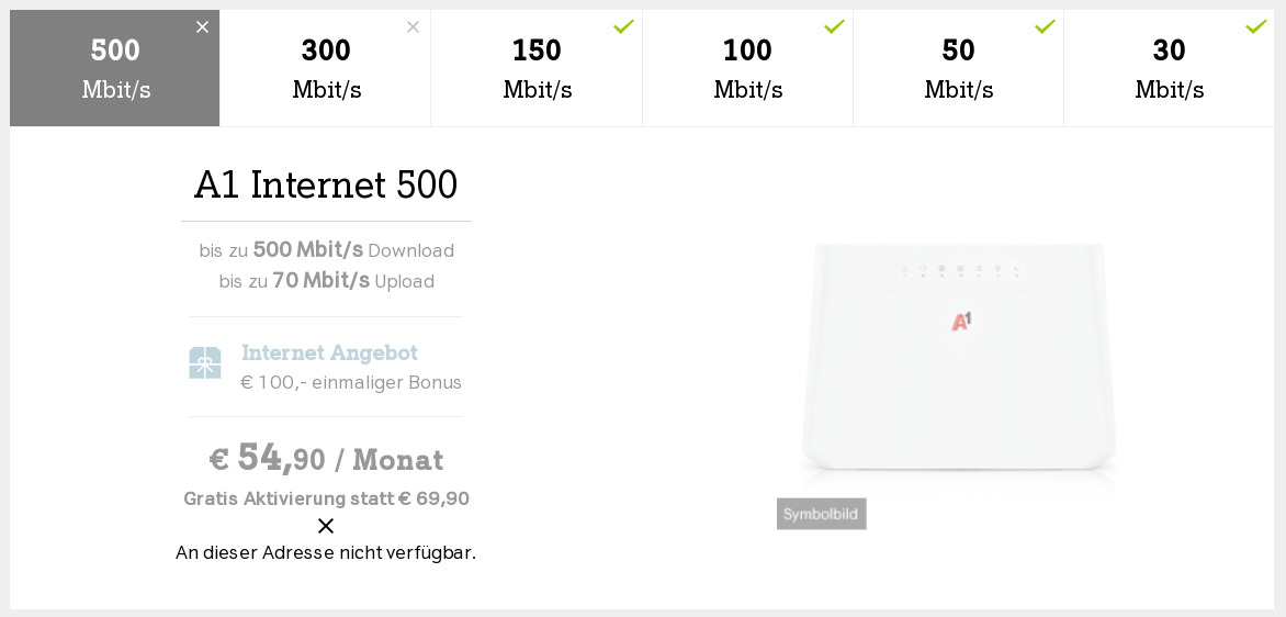 Screenshot of A1’s availability check, showing that only download speeds of max. 150MBit/s are available for my address.